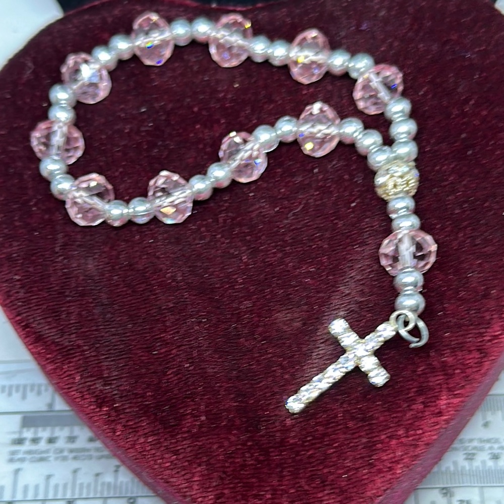 Pink and Silver Rosary Bracelet with Cross Charm
